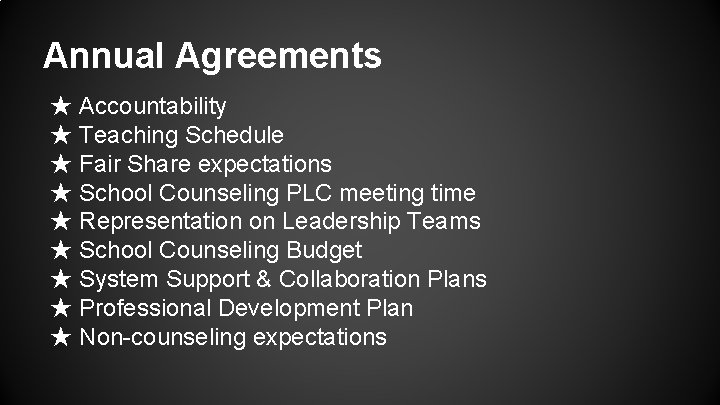 Annual Agreements ★ Accountability ★ Teaching Schedule ★ Fair Share expectations ★ School Counseling