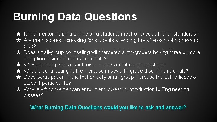 Burning Data Questions ★ Is the mentoring program helping students meet or exceed higher