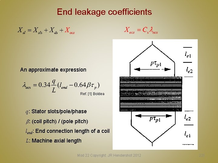 End leakage coefficients An approximate expression Ref. [1] Boldea q: Stator slots/pole/phase b: (coil