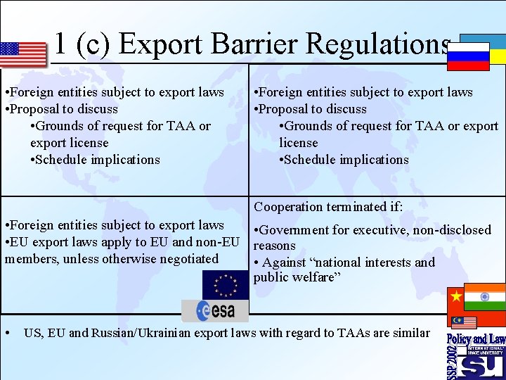 1 (c) Export Barrier Regulations • Foreign entities subject to export laws • Proposal