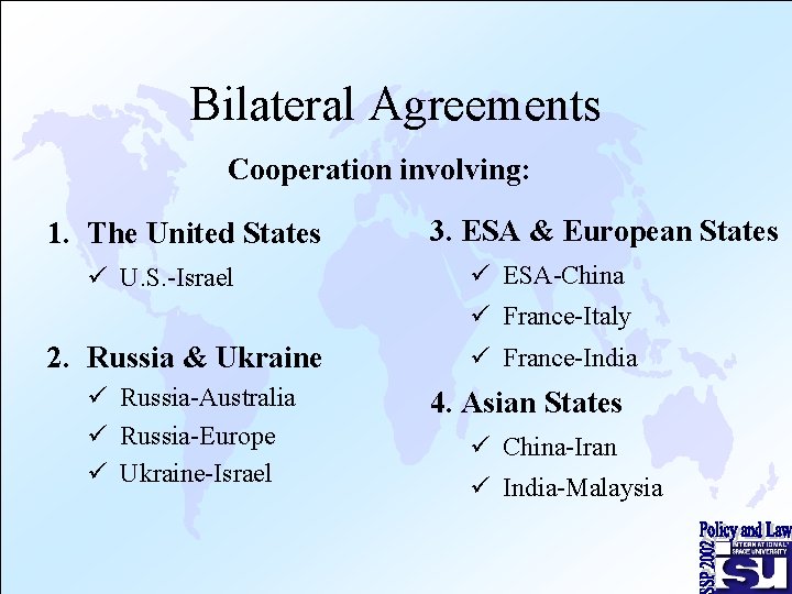 Bilateral Agreements Cooperation involving: 1. The United States ü U. S. -Israel 3. ESA