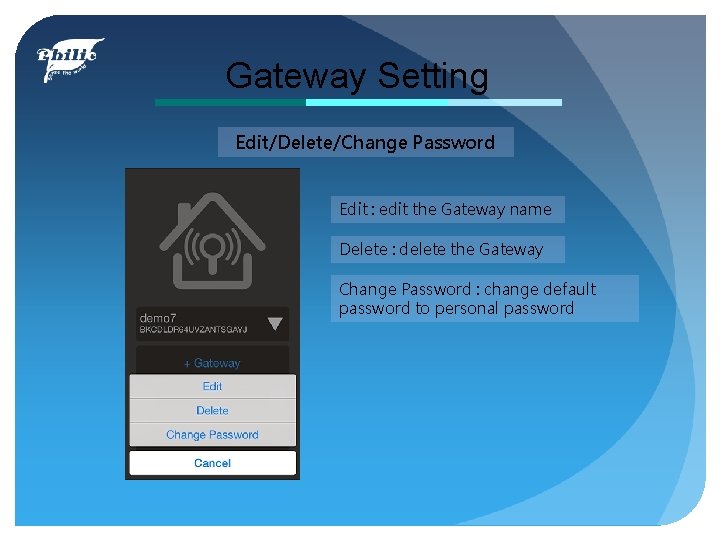 Gateway Setting Edit/Delete/Change Password Edit : edit the Gateway name Delete : delete the