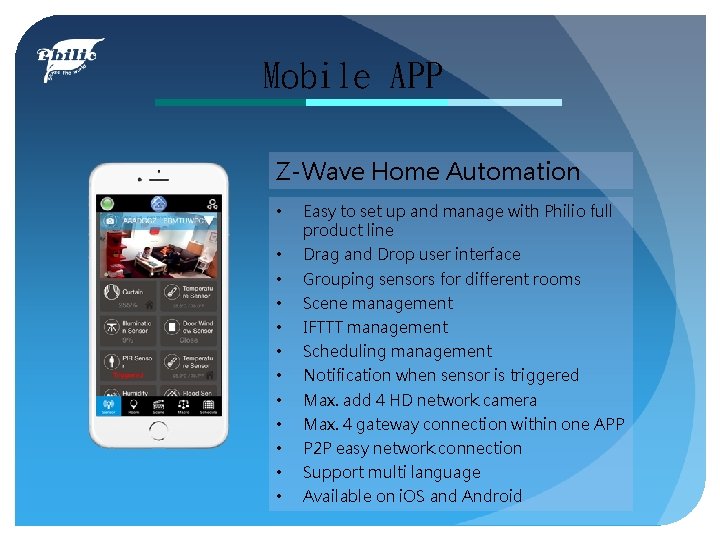 Mobile APP Z-Wave Home Automation • Easy to set up and manage with Philio