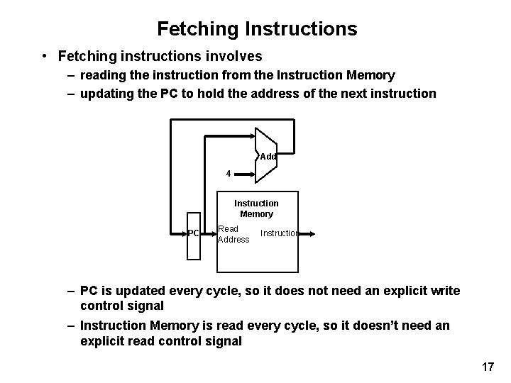 Fetching Instructions • Fetching instructions involves – reading the instruction from the Instruction Memory