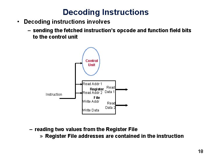 Decoding Instructions • Decoding instructions involves – sending the fetched instruction’s opcode and function