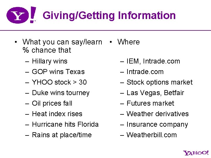 Giving/Getting Information • What you can say/learn • Where % chance that – –