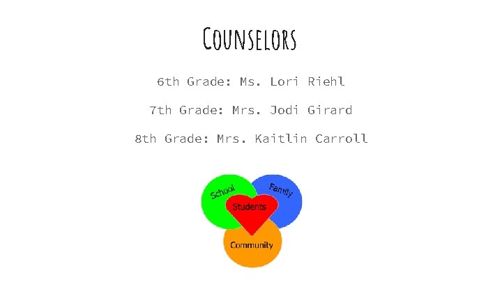 Counselors 6 th Grade: Ms. Lori Riehl 7 th Grade: Mrs. Jodi Girard 8
