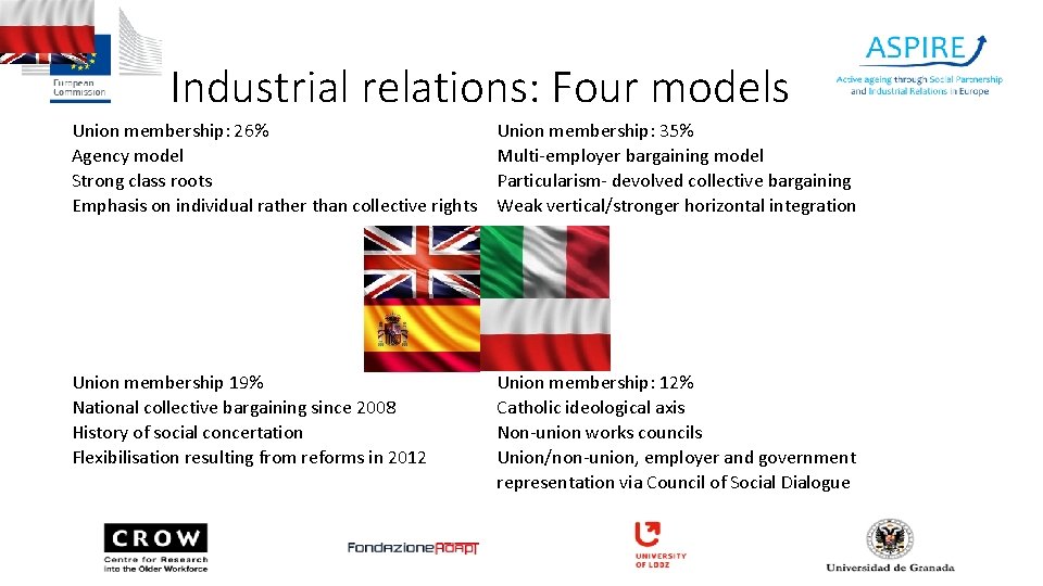 Industrial relations: Four models Union membership: 26% Agency model Strong class roots Emphasis on
