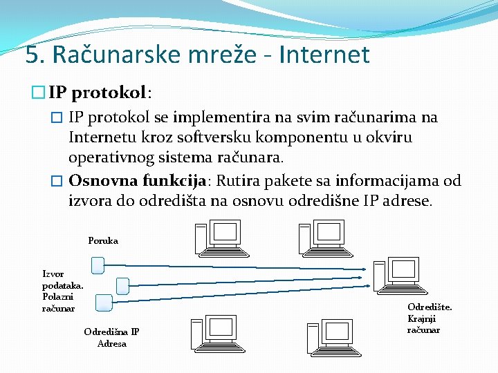 5. Računarske mreže - Internet � IP protokol: � IP protokol se implementira na