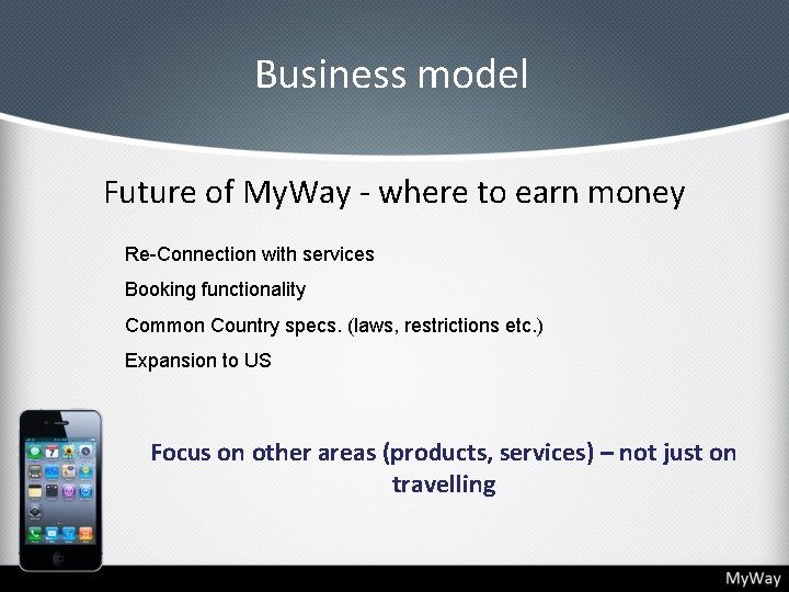 Business model Future of My. Way - where to earn money Re-Connection with services