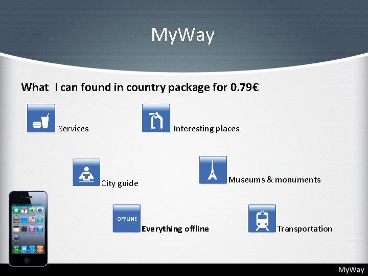 My. Way What I can found in country package for 0. 79€ Services Interesting