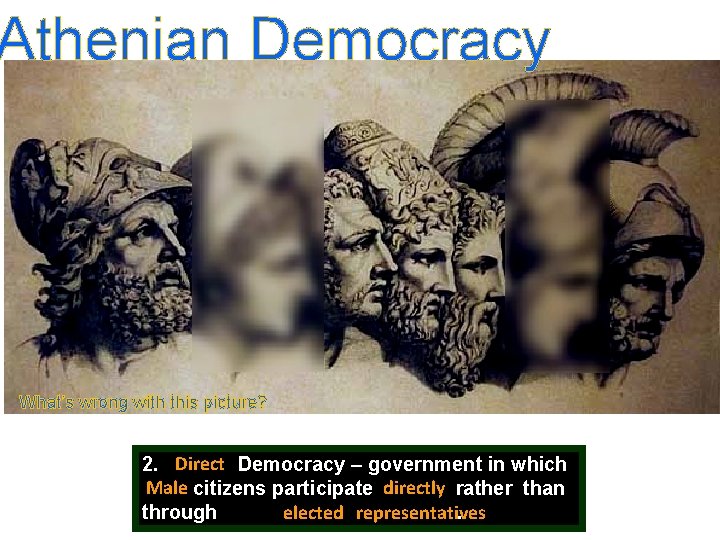 Athenian Democracy What’s wrong with this picture? Direct Democracy – government in which 2.