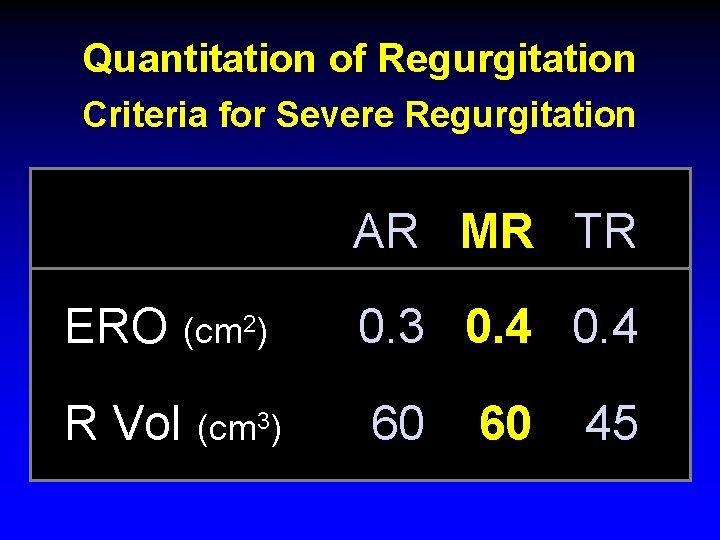 Quantitation of Regurgitation Criteria for Severe Regurgitation AR MR TR ERO R Vol (cm Quantitation of Regurgitation Criteria for Severe Regurgitation AR MR TR ERO R Vol (cm