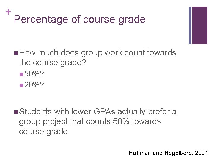 + Percentage of course grade n How much does group work count towards the