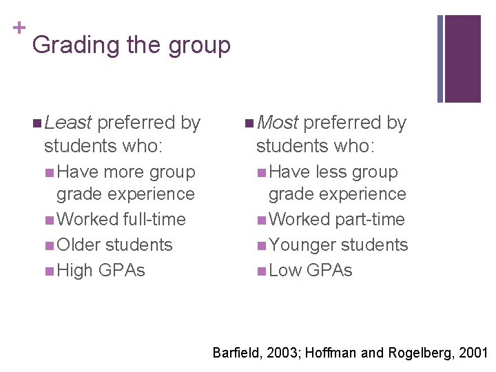 + Grading the group n Least preferred by students who: n Most preferred by