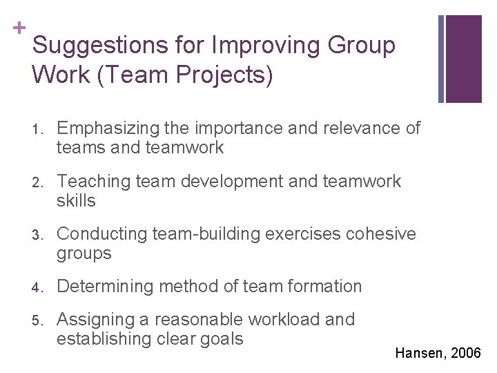 + Suggestions for Improving Group Work (Team Projects) 1. Emphasizing the importance and relevance