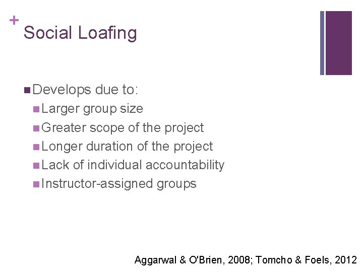 + Social Loafing n Develops due to: n Larger group size n Greater scope