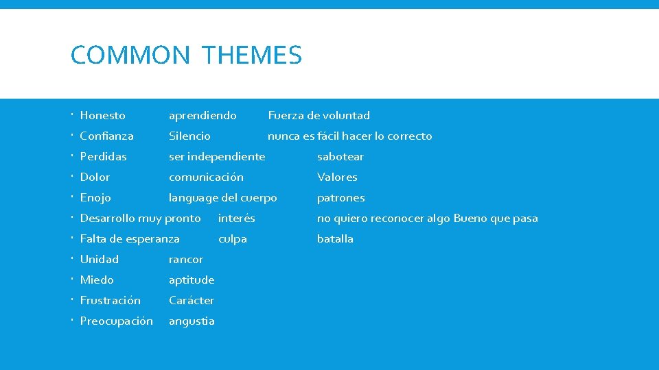 COMMON THEMES Honesto aprendiendo Fuerza de voluntad Confianza Silencio nunca es fácil hacer lo