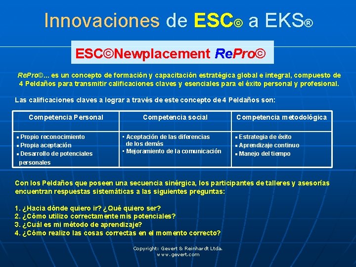 Innovaciones de ESC© a EKS® ESC©Newplacement Re. Pro©. . . es un concepto de