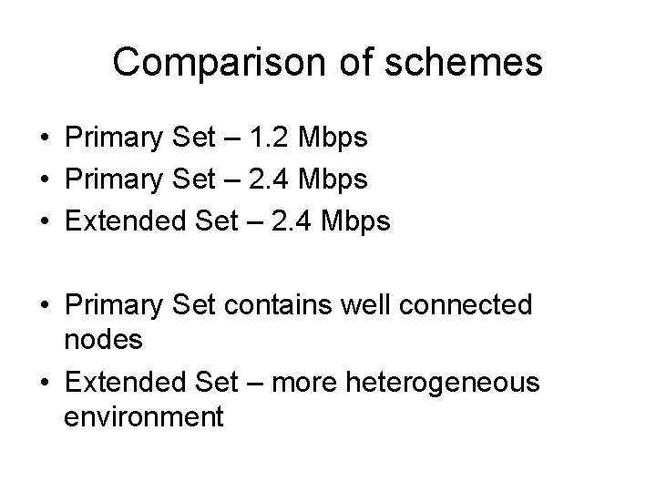 Comparison of schemes • Primary Set – 1. 2 Mbps • Primary Set –