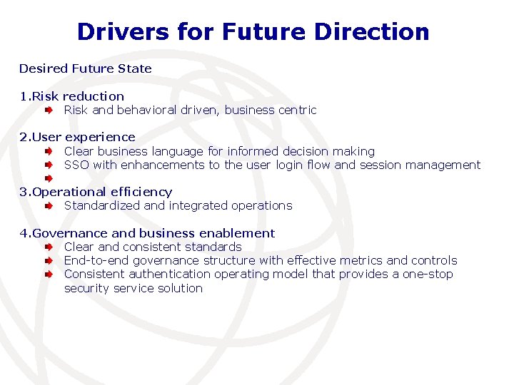 Drivers for Future Direction Desired Future State 1. Risk reduction Risk and behavioral driven,