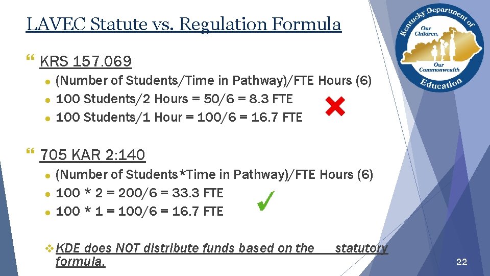 LAVEC Statute vs. Regulation Formula } KRS 157. 069 (Number of Students/Time in Pathway)/FTE LAVEC Statute vs. Regulation Formula } KRS 157. 069 (Number of Students/Time in Pathway)/FTE