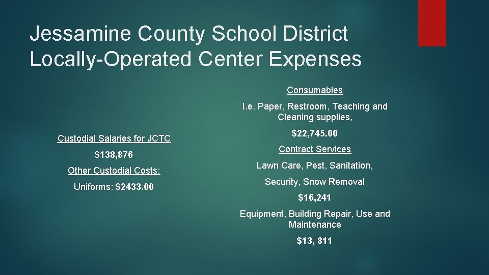 Jessamine County School District Locally-Operated Center Expenses Consumables I. e. Paper, Restroom, Teaching and Jessamine County School District Locally-Operated Center Expenses Consumables I. e. Paper, Restroom, Teaching and