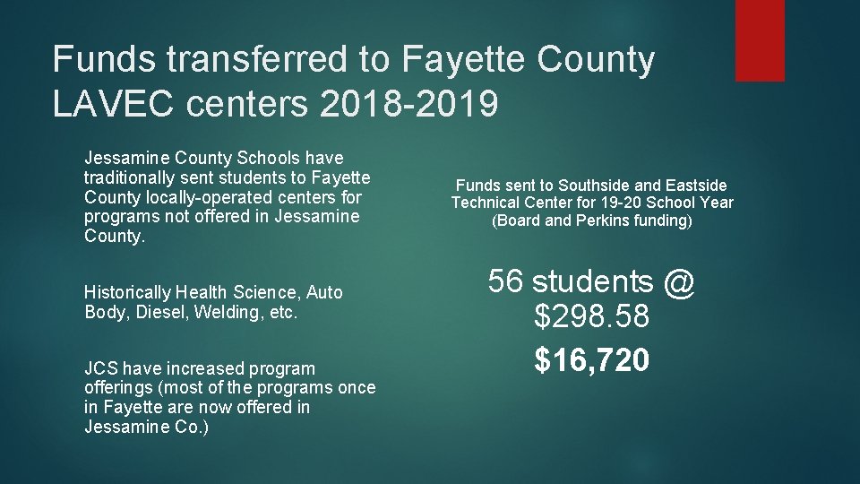 Funds transferred to Fayette County LAVEC centers 2018 -2019 Jessamine County Schools have traditionally Funds transferred to Fayette County LAVEC centers 2018 -2019 Jessamine County Schools have traditionally