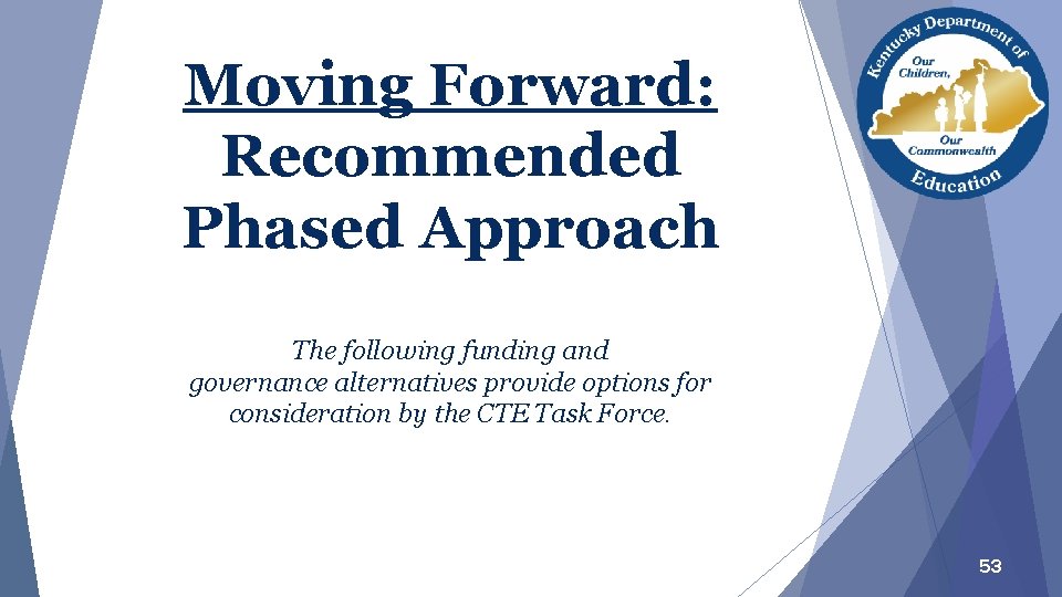 Moving Forward: Recommended Phased Approach The following funding and governance alternatives provide options for Moving Forward: Recommended Phased Approach The following funding and governance alternatives provide options for
