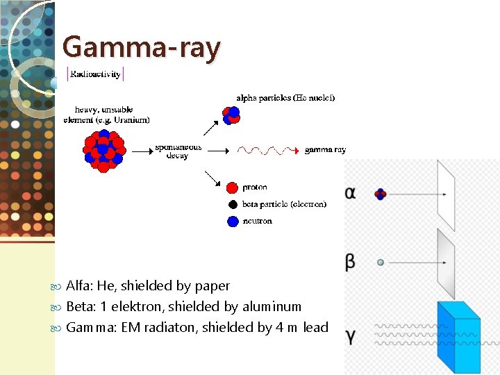 Gamma-ray Alfa: He, shielded by paper Beta: 1 elektron, shielded by aluminum Gamma: EM