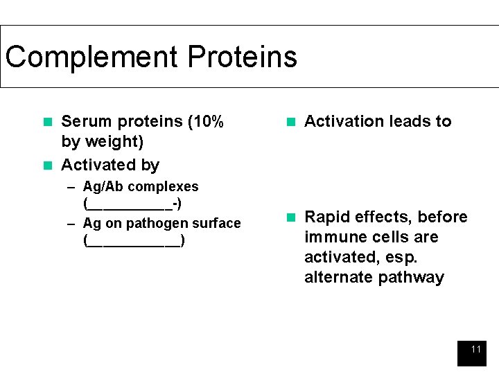 Complement Proteins Serum proteins (10% by weight) n Activated by n – Ag/Ab complexes