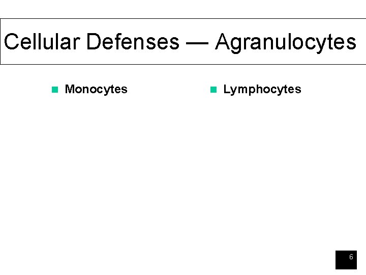 Cellular Defenses — Agranulocytes n Monocytes n Lymphocytes 6 