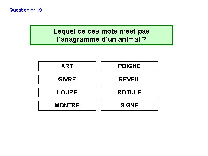 Question n° 19 Lequel de ces mots n’est pas l’anagramme d’un animal ? ART Question n° 19 Lequel de ces mots n’est pas l’anagramme d’un animal ? ART