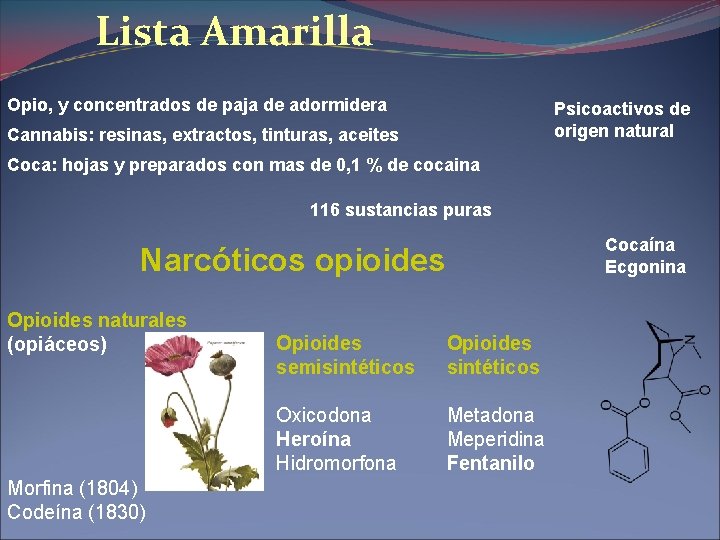 Lista Amarilla Opio, y concentrados de paja de adormidera Psicoactivos de origen natural Cannabis: