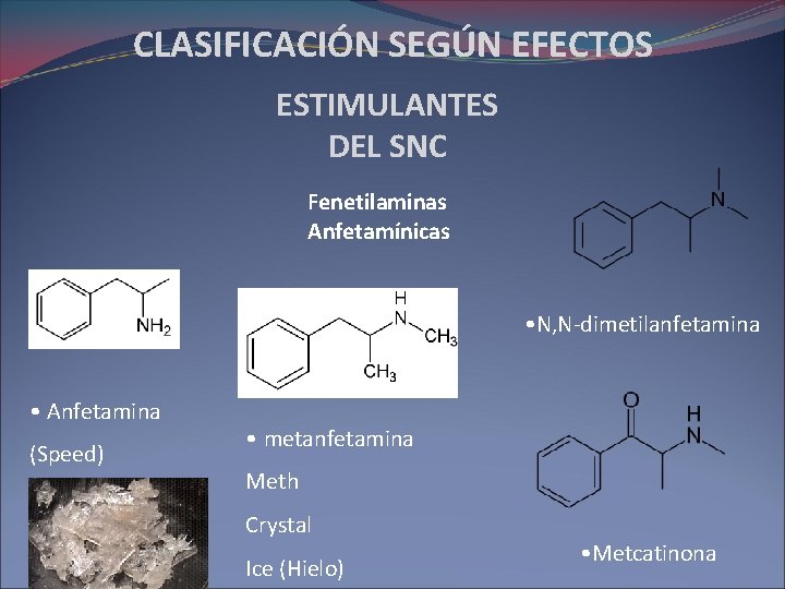 CLASIFICACIÓN SEGÚN EFECTOS ESTIMULANTES DEL SNC Fenetilaminas Anfetamínicas • N, N-dimetilanfetamina • Anfetamina (Speed)