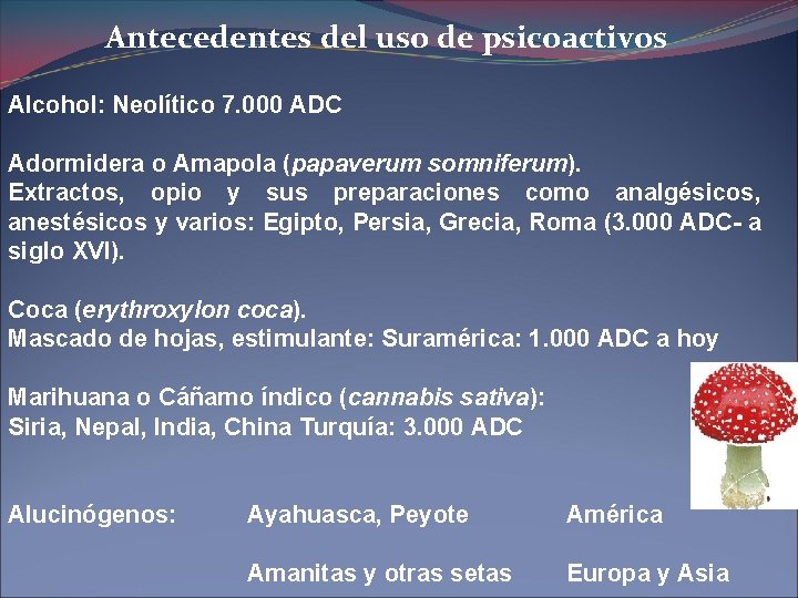 Antecedentes del uso de psicoactivos Alcohol: Neolítico 7. 000 ADC Adormidera o Amapola (papaverum
