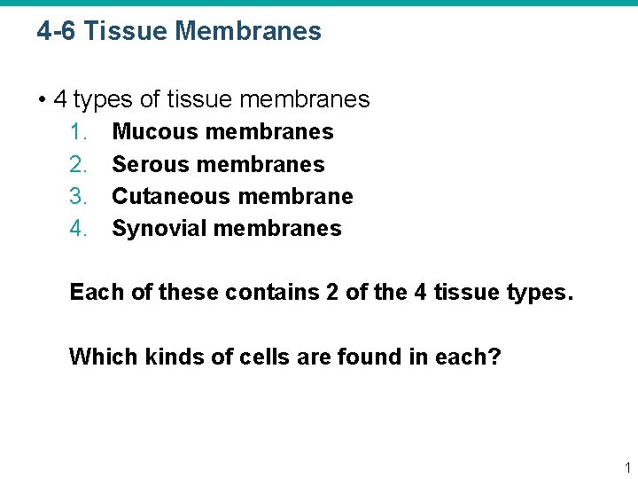 4 -6 Tissue Membranes • 4 types of tissue membranes 1. 2. 3. 4.