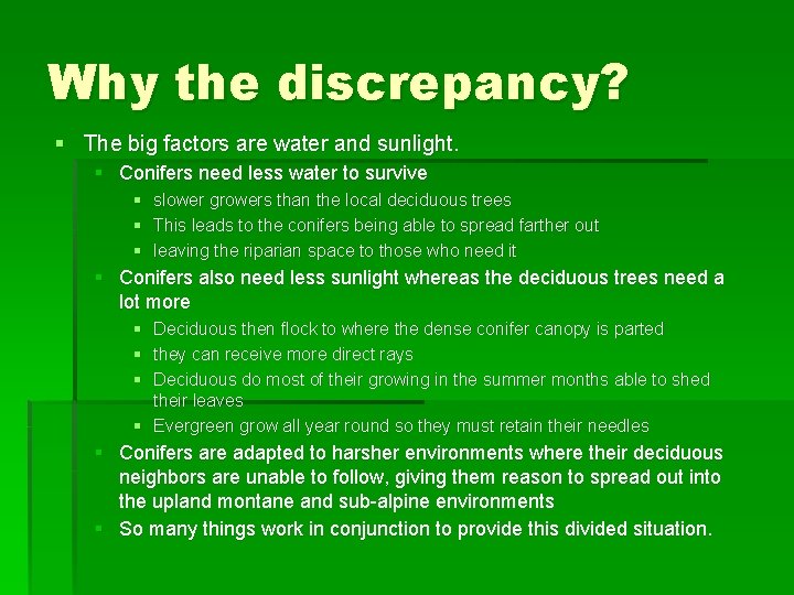 Why the discrepancy? § The big factors are water and sunlight. § Conifers need
