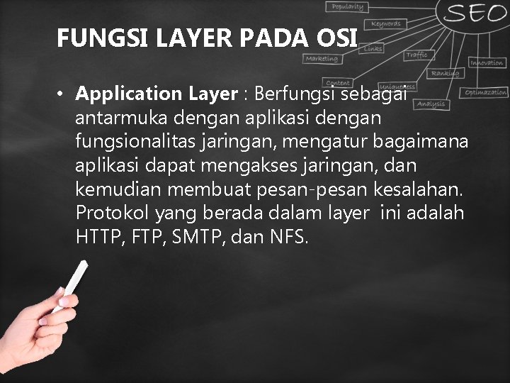 FUNGSI LAYER PADA OSI • Application Layer : Berfungsi sebagai antarmuka dengan aplikasi dengan FUNGSI LAYER PADA OSI • Application Layer : Berfungsi sebagai antarmuka dengan aplikasi dengan