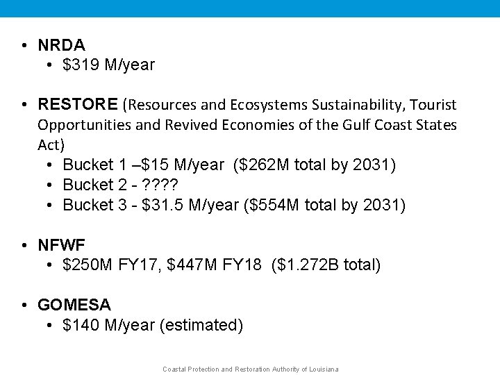  • NRDA • $319 M/year • RESTORE (Resources and Ecosystems Sustainability, Tourist Opportunities