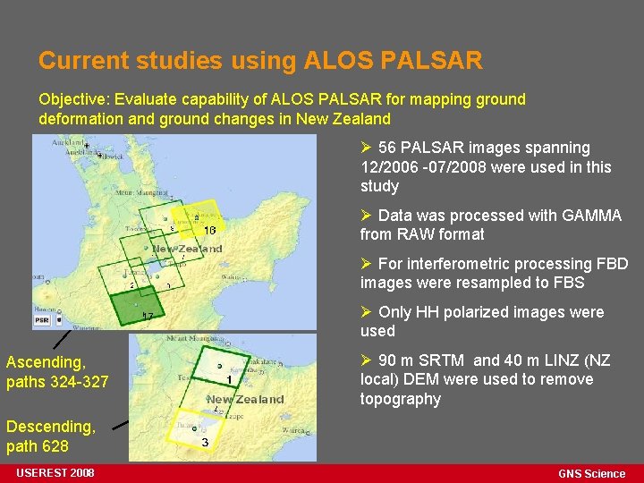 Current studies using ALOS PALSAR Objective: Evaluate capability of ALOS PALSAR for mapping ground