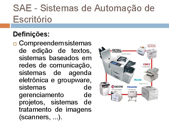 SAE - Sistemas de Automação de Escritório Definições: Compreendem sistemas de edição de textos, SAE - Sistemas de Automação de Escritório Definições: Compreendem sistemas de edição de textos,