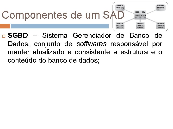 Componentes de um SAD SGBD – Sistema Gerenciador de Banco de Dados, conjunto de Componentes de um SAD SGBD – Sistema Gerenciador de Banco de Dados, conjunto de