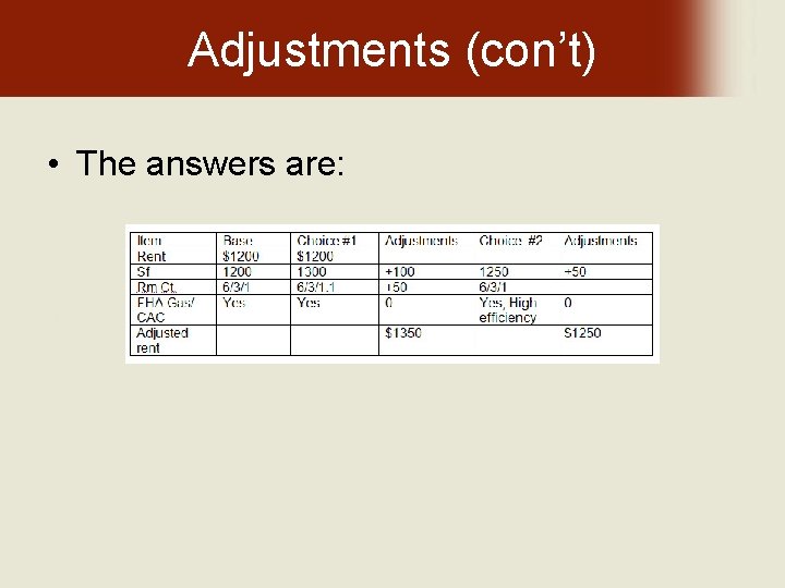 Adjustments (con’t) • The answers are: 