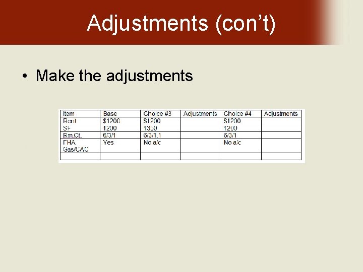 Adjustments (con’t) • Make the adjustments 