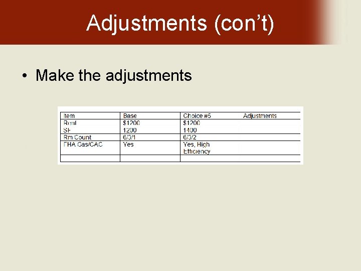 Adjustments (con’t) • Make the adjustments 