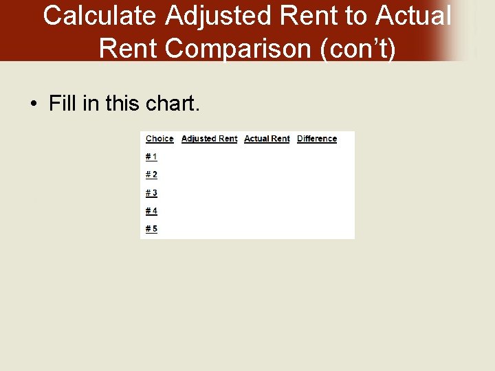 Calculate Adjusted Rent to Actual Rent Comparison (con’t) • Fill in this chart. 