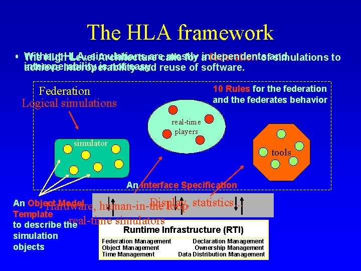 The HLA framework • Without simulations arecalls mostly independents The High. HLA, Level Architecture