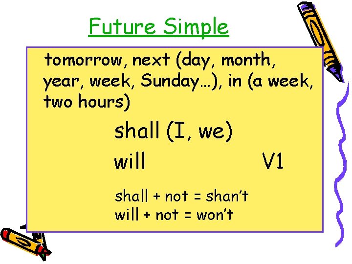 Future Simple tomorrow, next (day, month, year, week, Sunday…), in (a week, two hours)