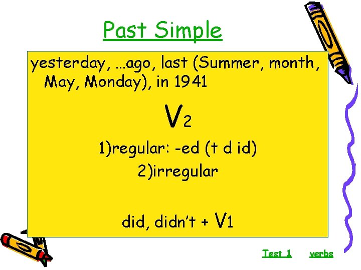 Past Simple yesterday, …ago, last (Summer, month, May, Monday), in 1941 V 2 1)regular: